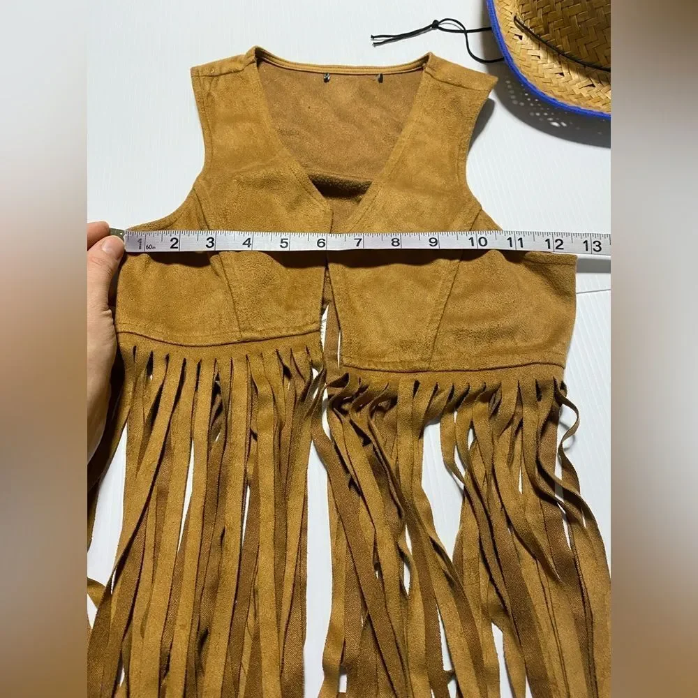 Native American cowboy Western straw hat fringe faux suede vest costume 6-12yo
